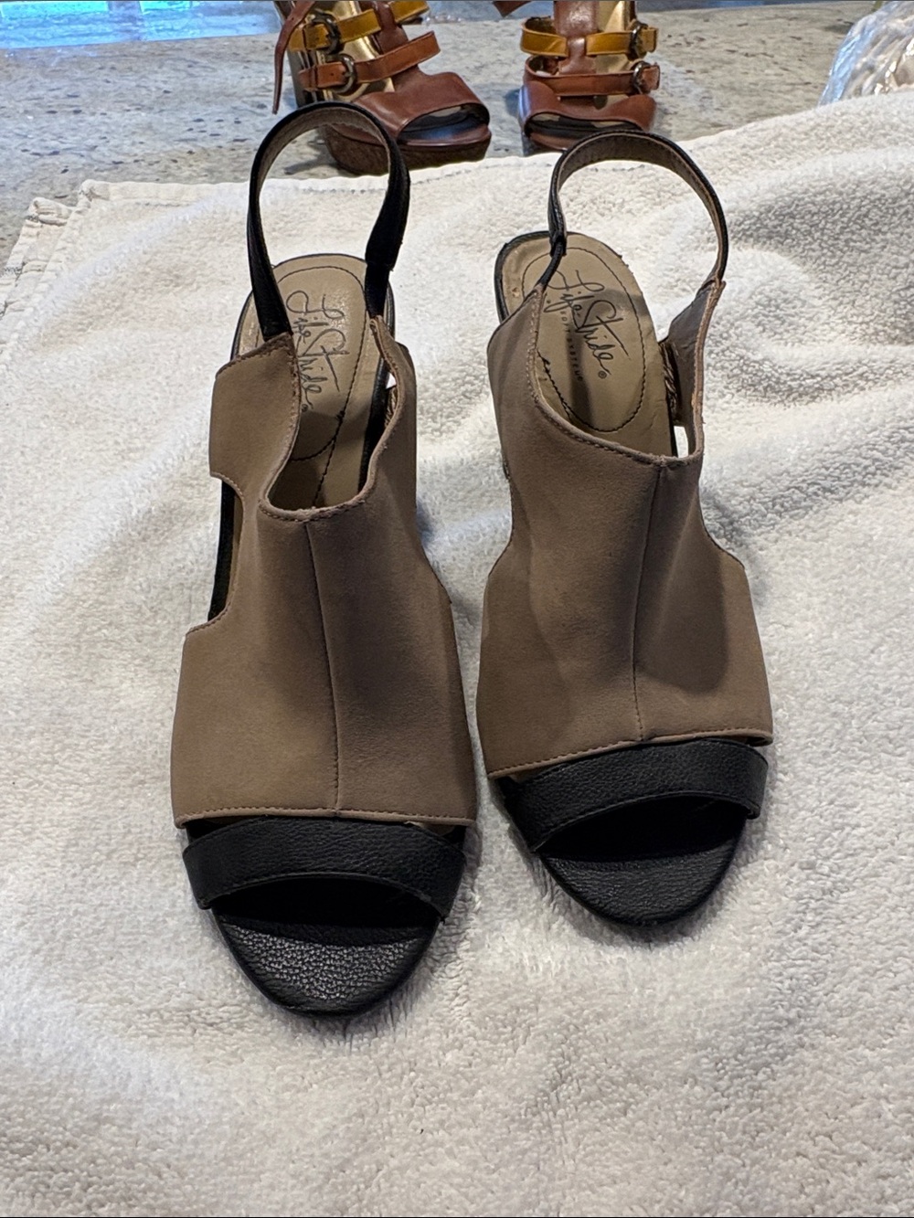 Life Stride Taupe and Black Open-Toe Slingback Heels